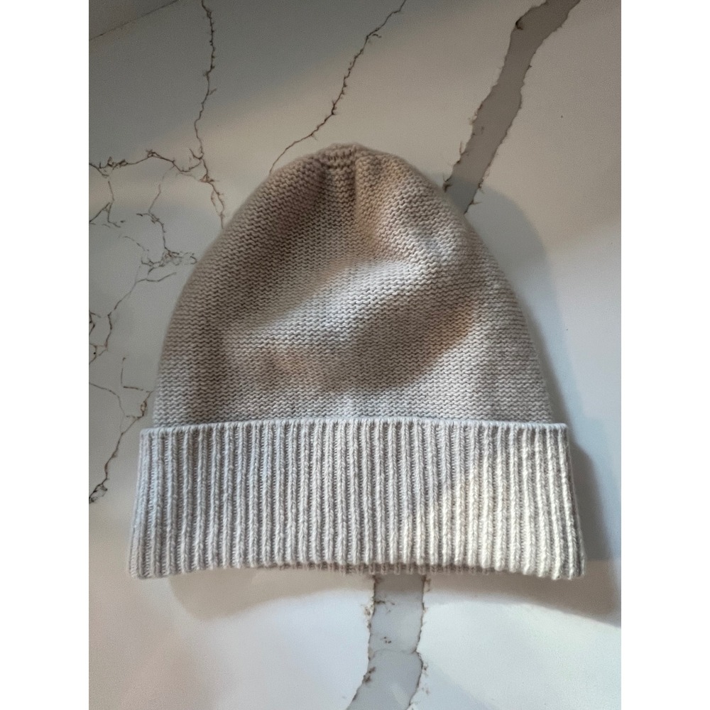 Portolano 100% Cashmere Beanie Hat Oatmeal Beige Ribbed Knit Winter Cap